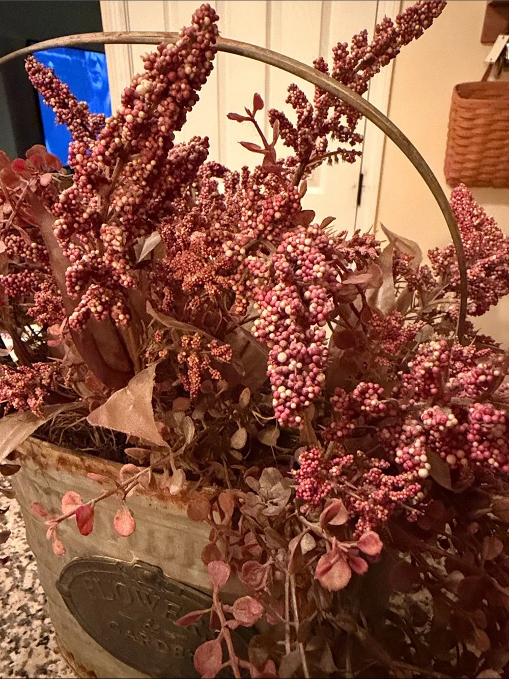 Galvanized Metal Flower Garden Bucket with Pink Floral Arrangement